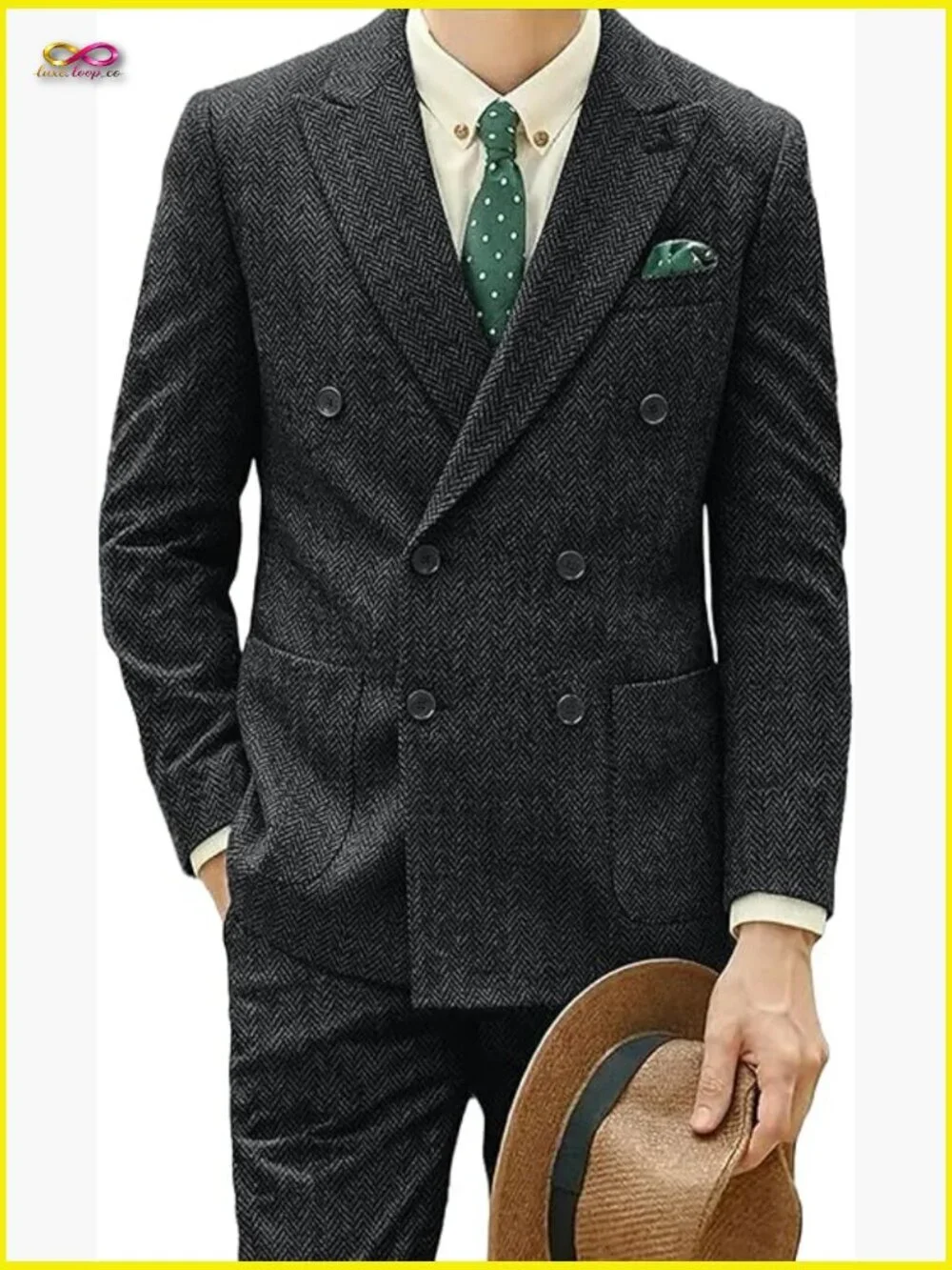 Herringbone Tweed Suit Double Breasted Retro Classic Business Wedding Groom